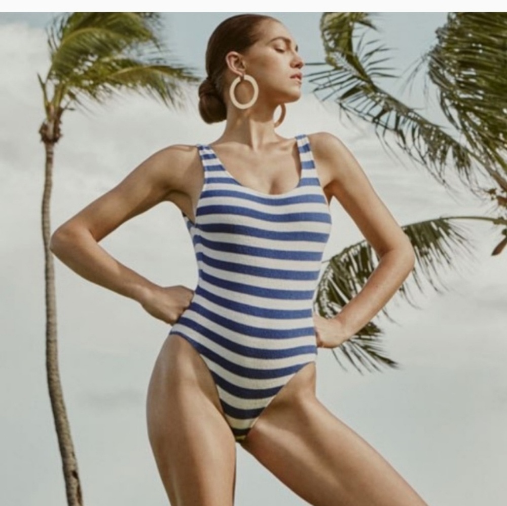 SOLID STRIPED ANTHROPOLOGIE One Piece Swimsuit S Blue White Towel Swim NEW $230 - Picture 4 of 12